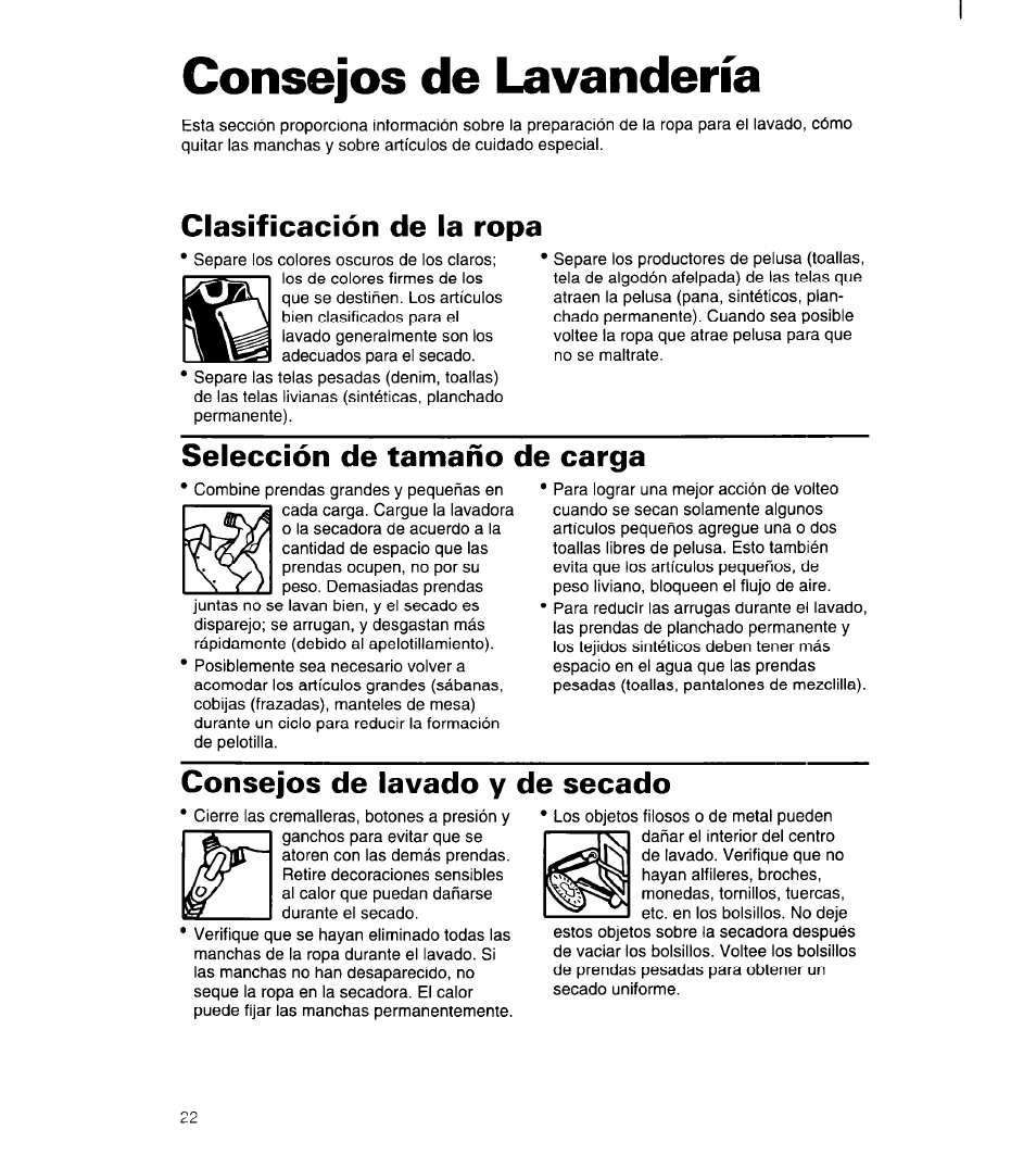 Consejos de lavandería, Clasificación de la ropa, Selección de tamaño de carga | Consejos de lavado y de secado | Whirlpool 3396315 User Manual | Page 58 / 78