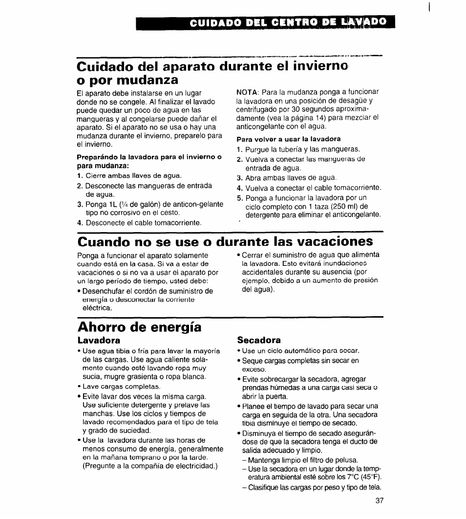 Cuando no se use o durante las vacaciones, Ahorro de energía, Lavadora | Secadora, Lavandería | Whirlpool 3396315 User Manual | Page 73 / 78