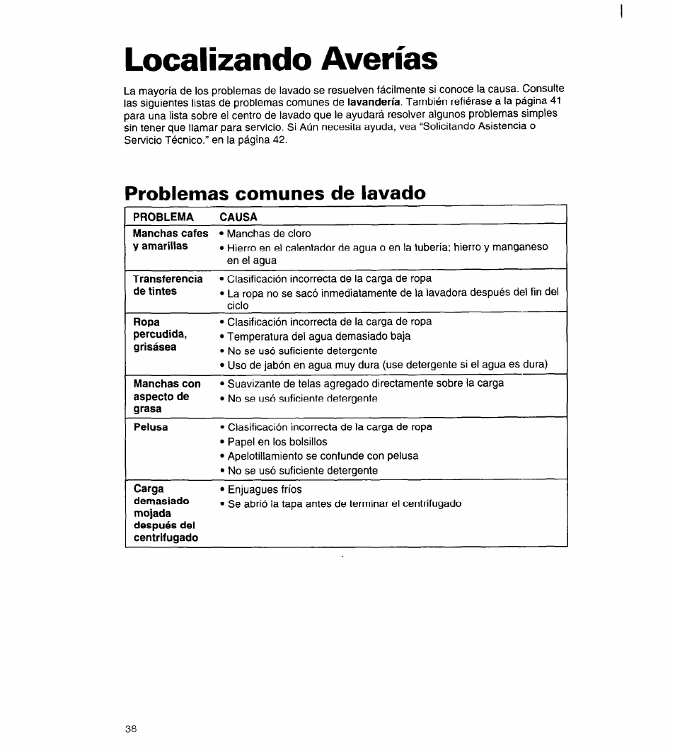 Localizando averías, Problemas comunes de lavado | Whirlpool 3396315 User Manual | Page 74 / 78