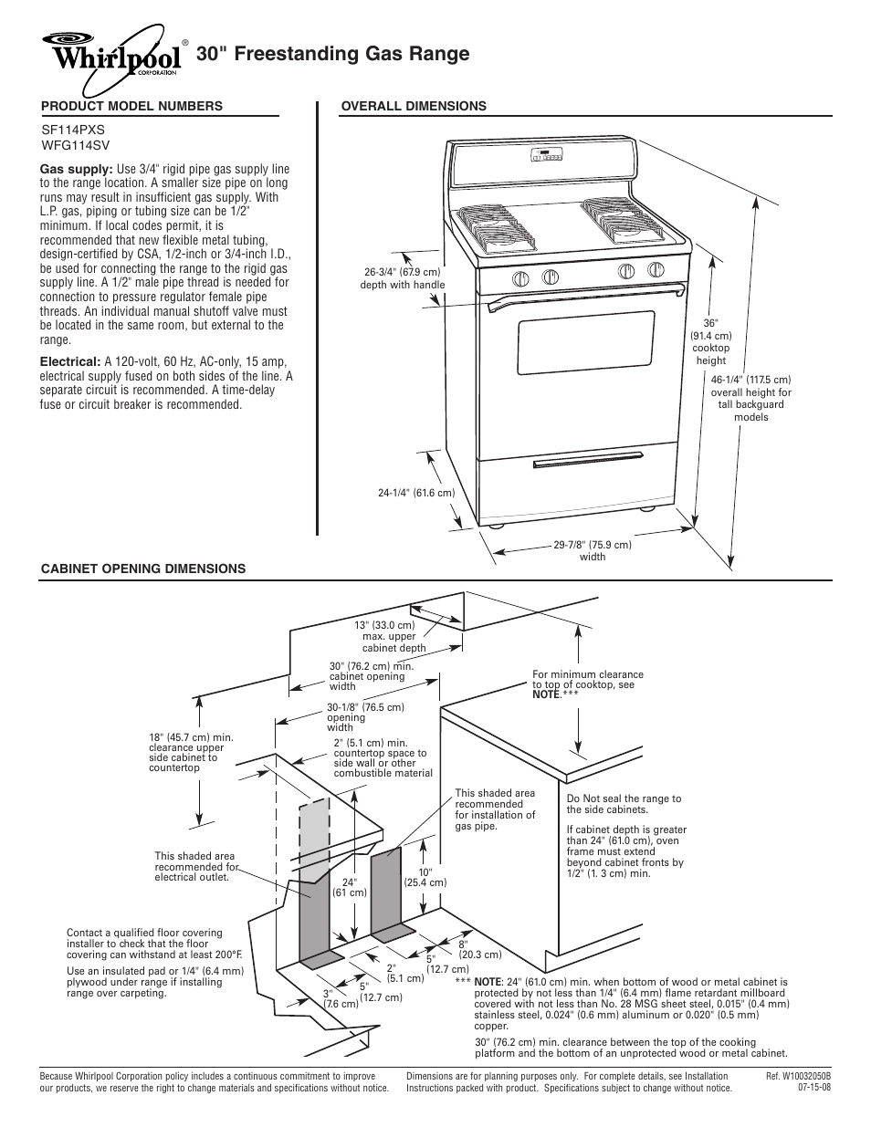 Whirlpool WFG114SV User Manual | 1 page