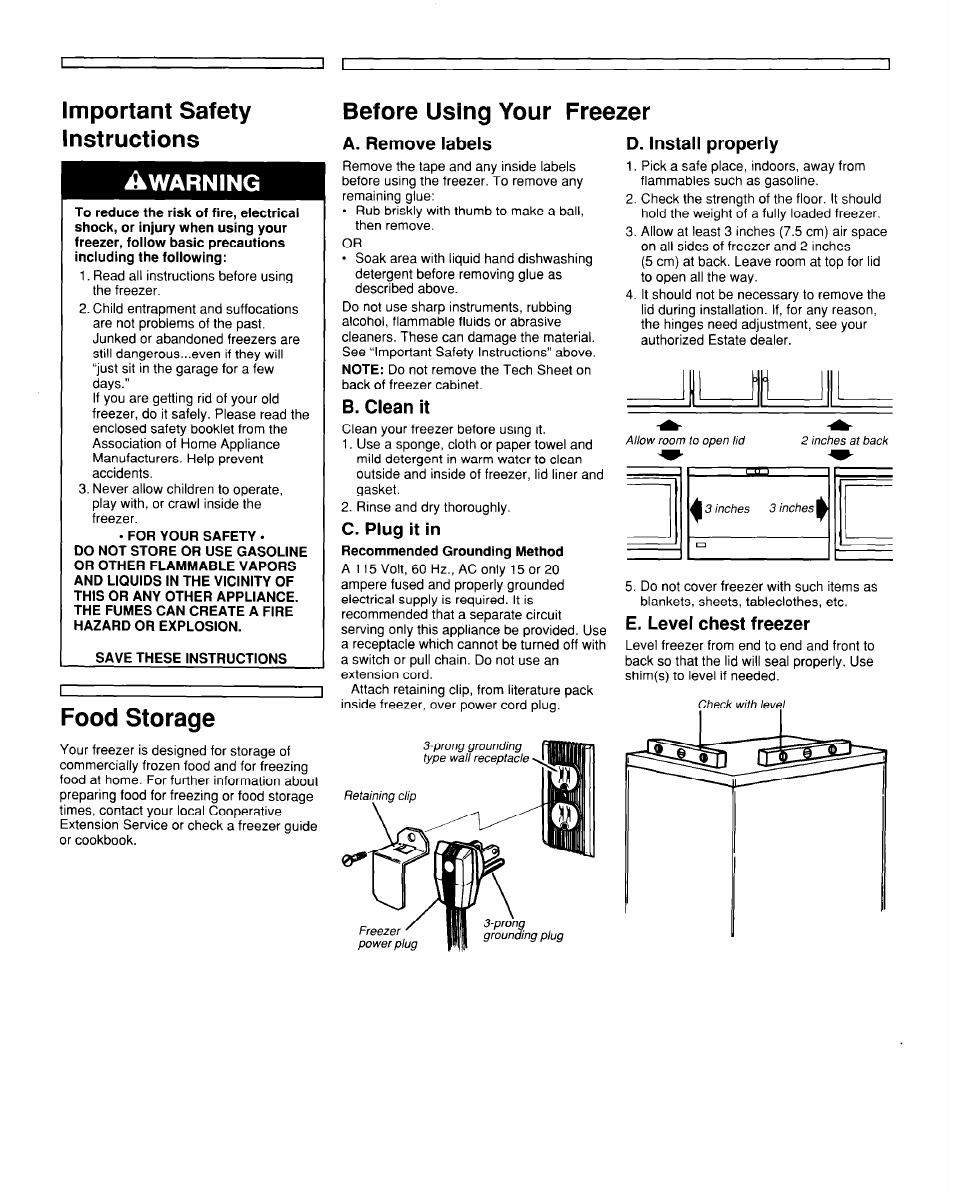 Important safety instructions ^warning, Before using your freezer food storage, A. remove labels | B. clean it, C. plug it in, D. install properly, E. level chest freezer | Whirlpool TCF1510W User Manual | Page 2 / 6