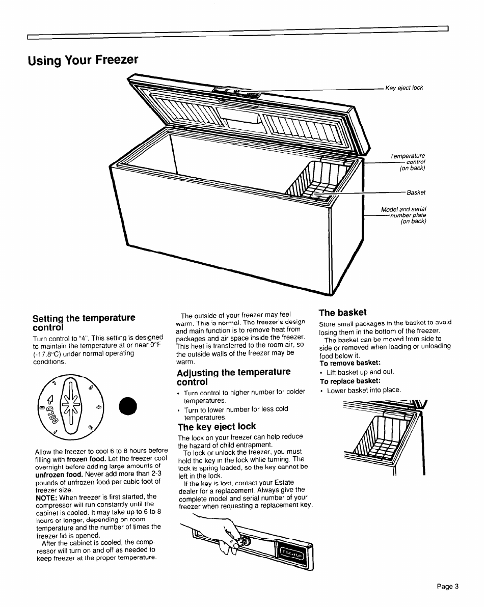 Setting the temperature control, Adjusting the temperature control, The key eject lock | The basket, Using your freezer | Whirlpool TCF1510W User Manual | Page 3 / 6