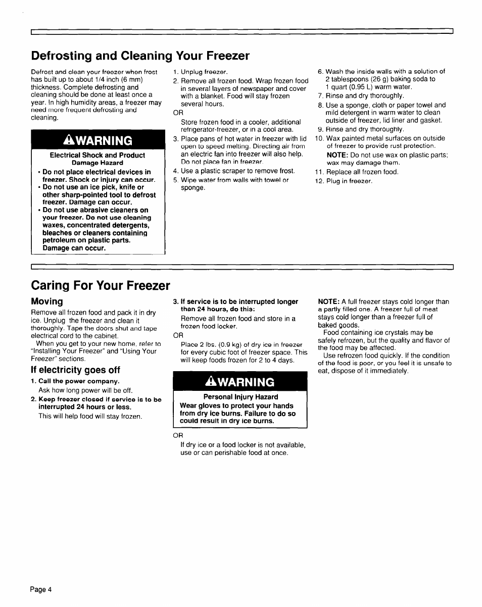 Defrosting and cleaning your freezer, A warning, Caring for your freezer | Moving, If electricity goes off, Warning | Whirlpool TCF1510W User Manual | Page 4 / 6