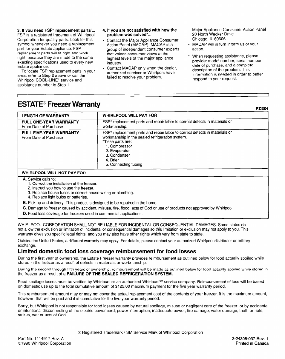 Estate® freezer warranty | Whirlpool TCF1510W User Manual | Page 6 / 6