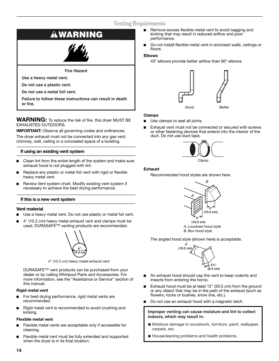 Venting requirements, Warning | Whirlpool Duet W10110850A User Manual | Page 14 / 28