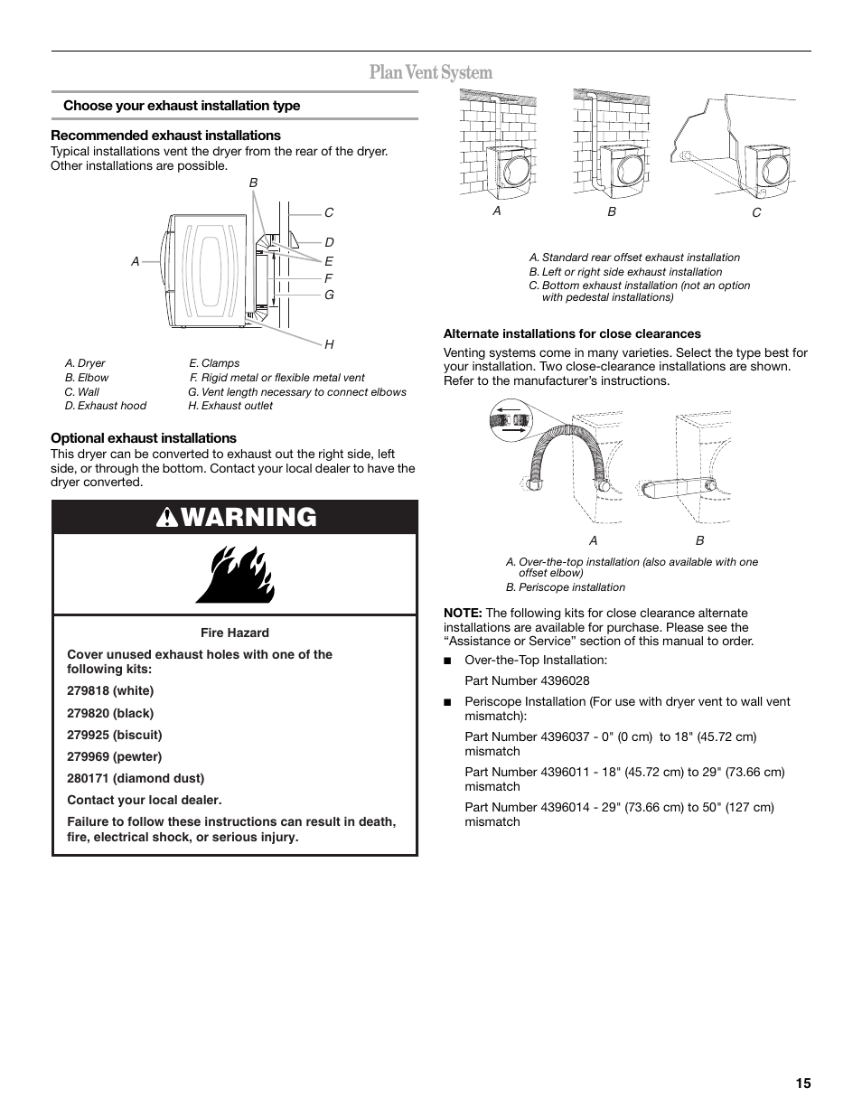 Warning, Plan vent system | Whirlpool Duet W10110850A User Manual | Page 15 / 28