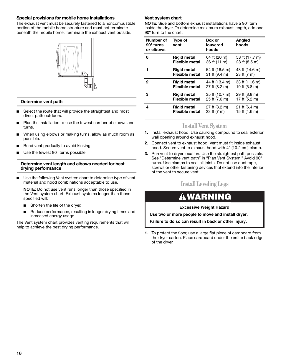 Warning, Install vent system, Install leveling legs | Whirlpool Duet W10110850A User Manual | Page 16 / 28