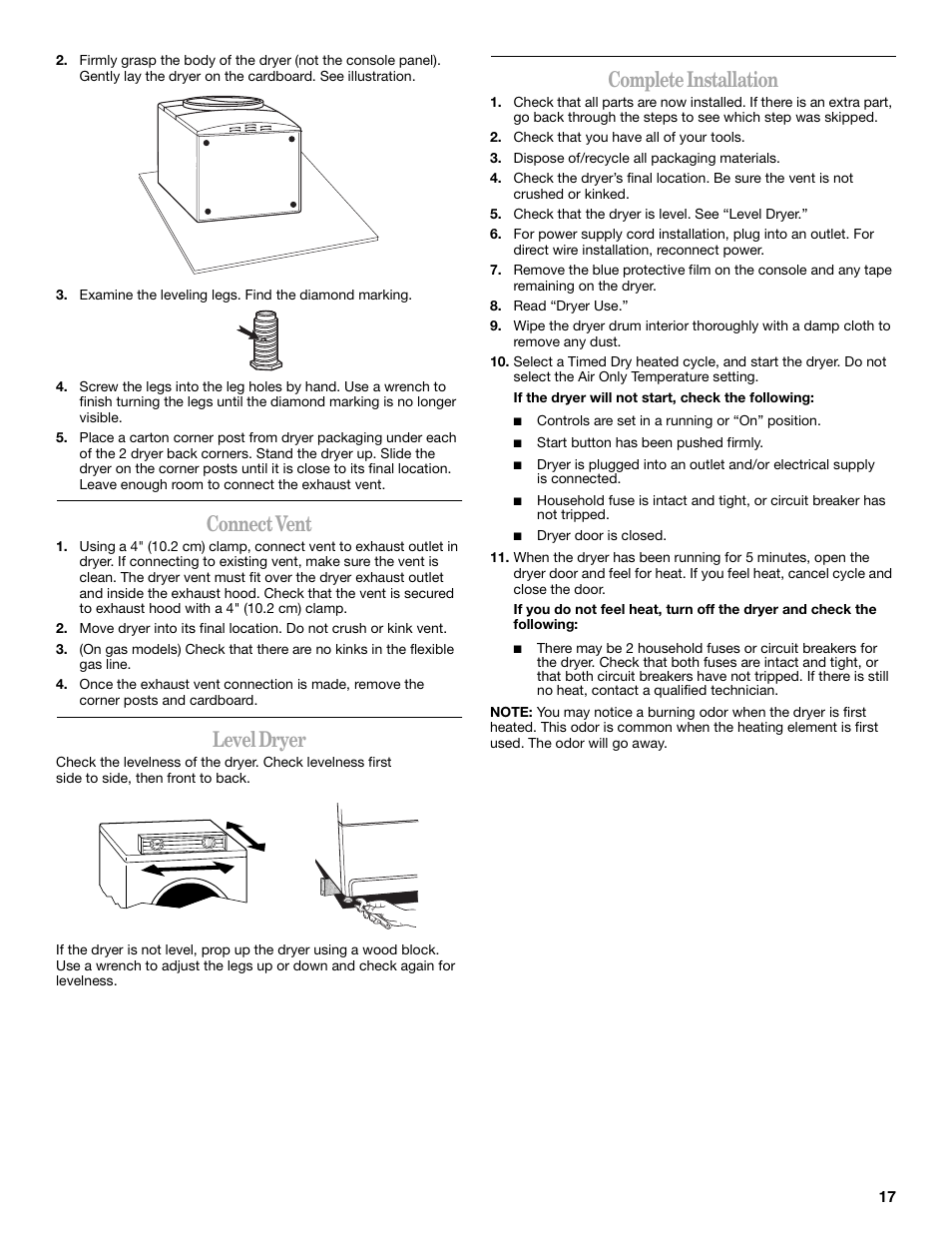 Connect vent, Level dryer, Complete installation | Whirlpool Duet W10110850A User Manual | Page 17 / 28