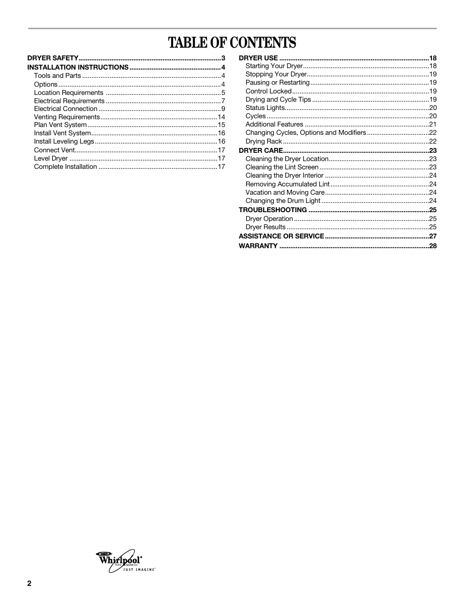 Whirlpool Duet W10110850A User Manual | Page 2 / 28