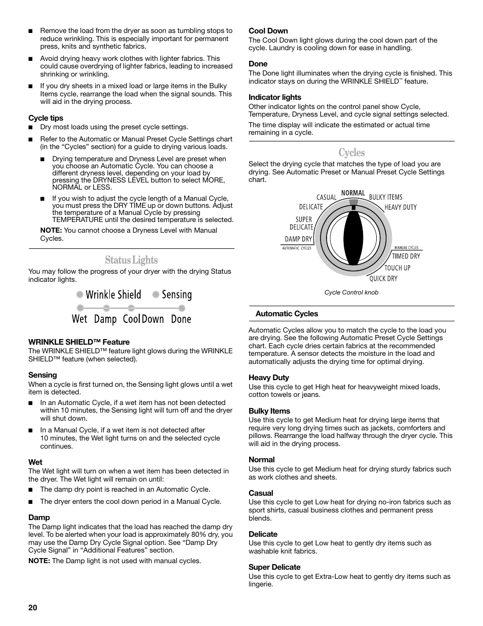 Status lights, Cycles | Whirlpool Duet W10110850A User Manual | Page 20 / 28