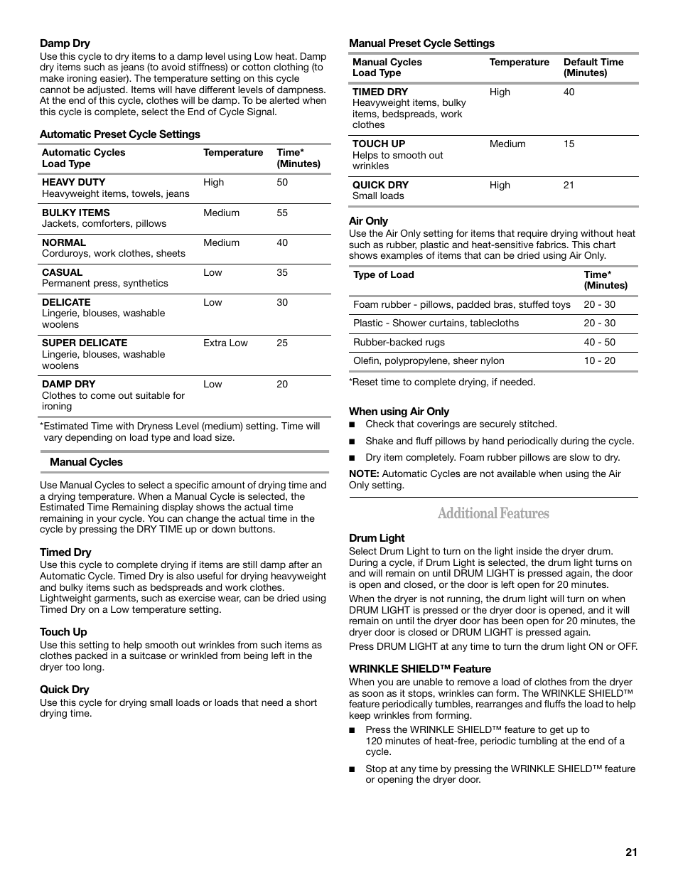 Additional features | Whirlpool Duet W10110850A User Manual | Page 21 / 28