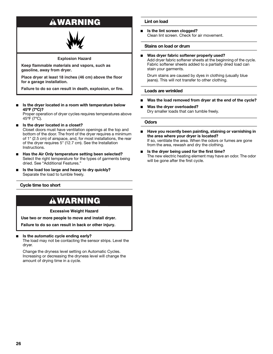 Warning | Whirlpool Duet W10110850A User Manual | Page 26 / 28