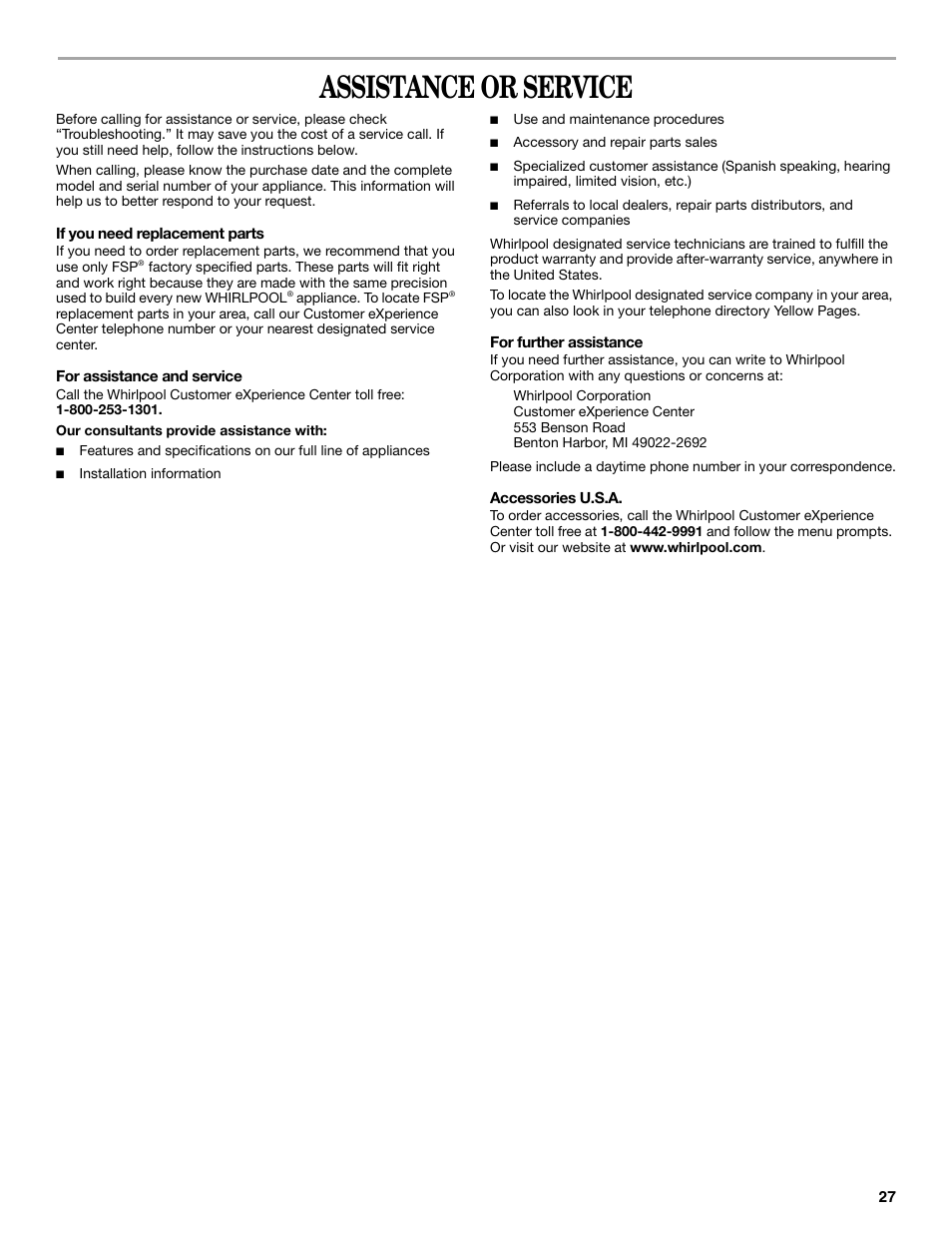 Assistance or service | Whirlpool Duet W10110850A User Manual | Page 27 / 28