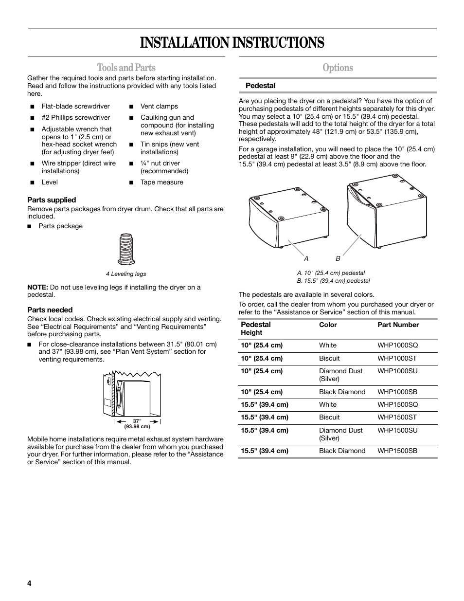 Installation instructions, Tools and parts, Options | Whirlpool Duet W10110850A User Manual | Page 4 / 28
