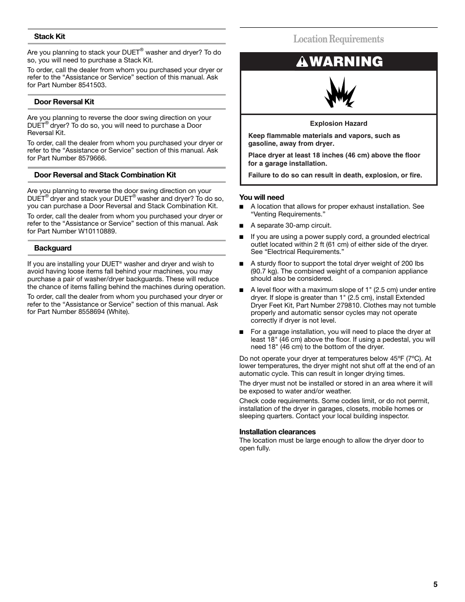 Warning, Location requirements | Whirlpool Duet W10110850A User Manual | Page 5 / 28