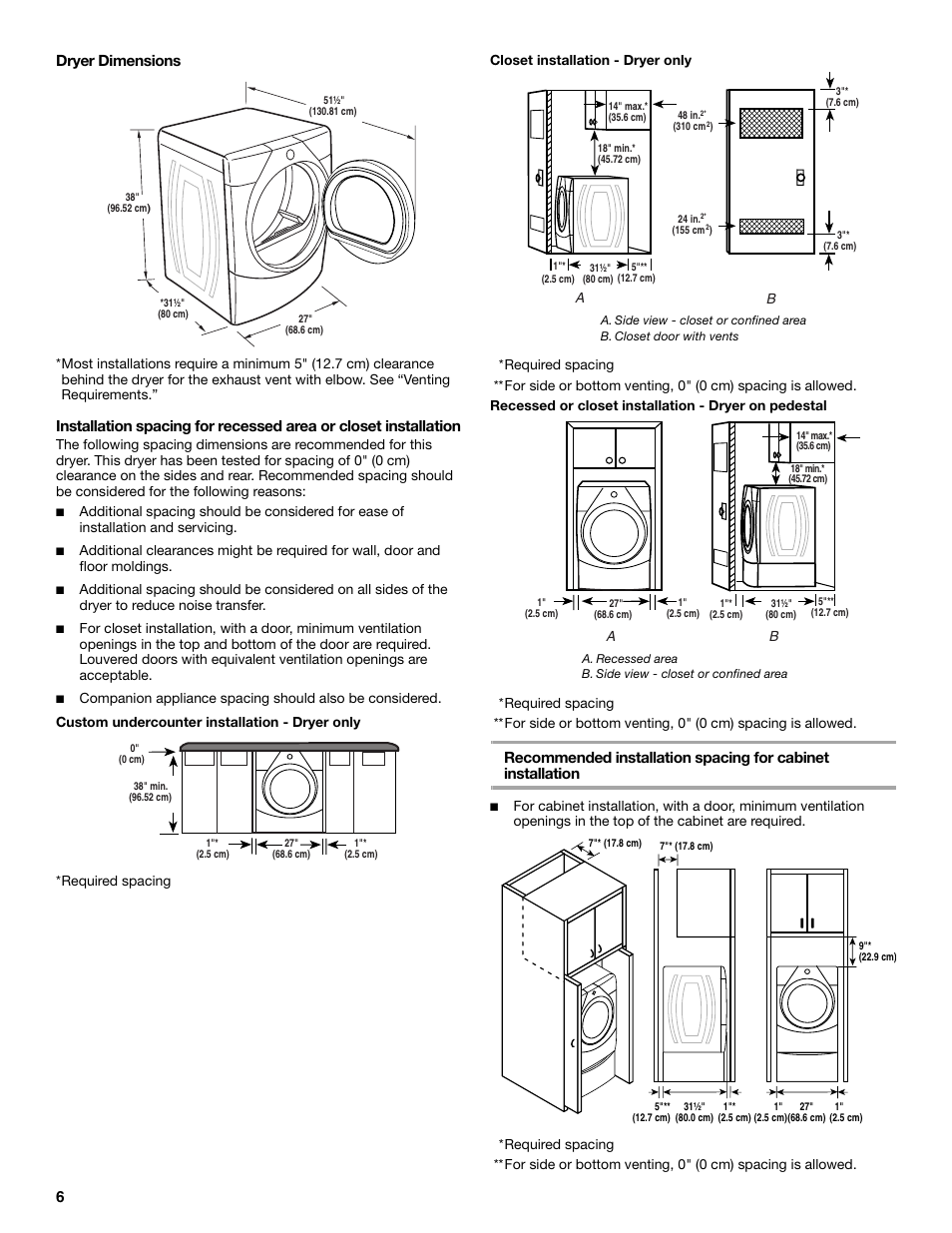 6dryer dimensions | Whirlpool Duet W10110850A User Manual | Page 6 / 28