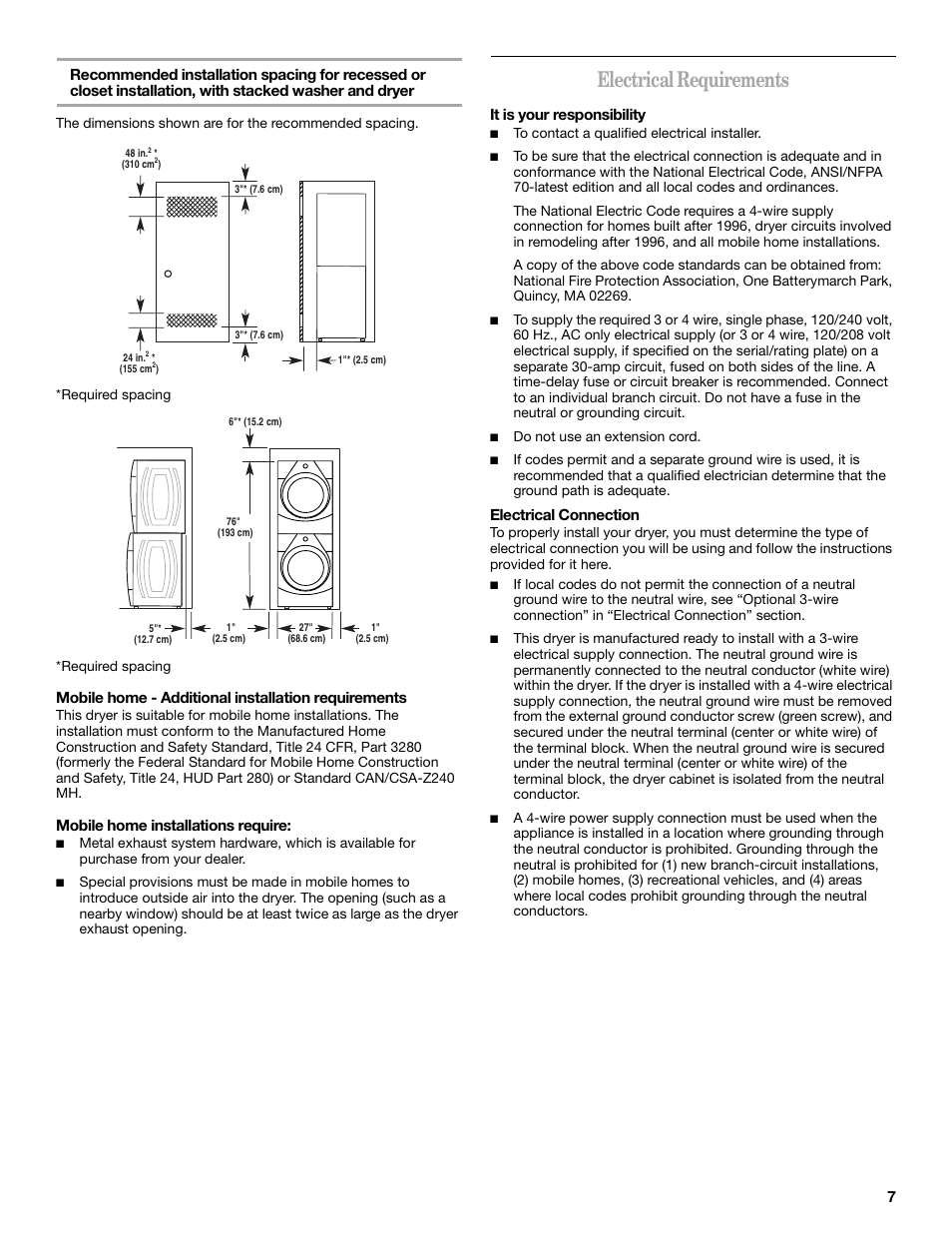 Electrical requirements, Mobile home - additional installation requirements, Mobile home installations require | It is your responsibility, Electrical connection | Whirlpool Duet W10110850A User Manual | Page 7 / 28
