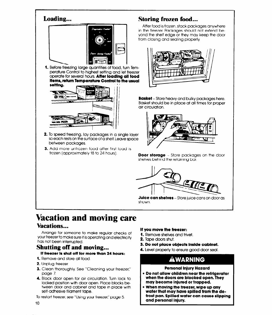 Loading, Storing frozen food, Vacation and moving care | Vacations, Shutting off and moving, If you move the freezer, Do not place objects inside cabinet, Warning, Personal injury hazard, Loading... storing frozen food | Whirlpool EV190N User Manual | Page 10 / 12