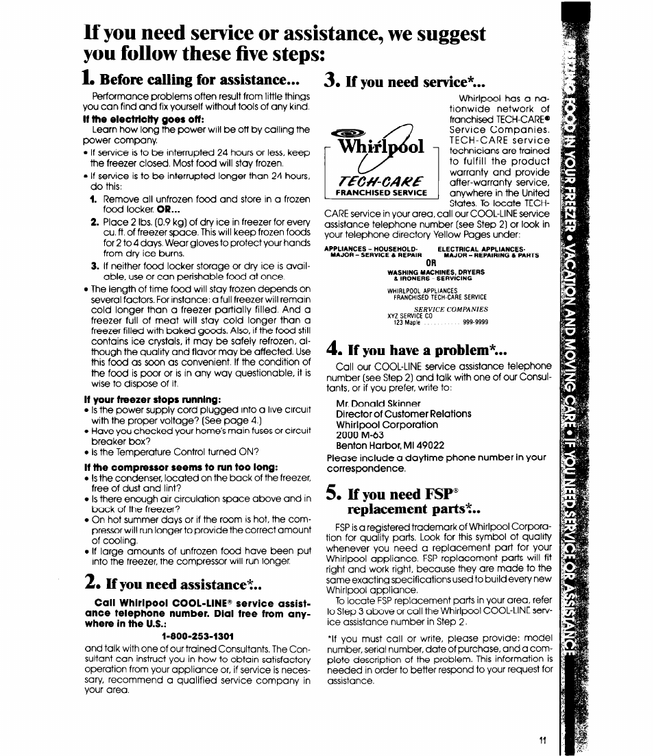 Before calling for assistance, If you need assistance, If you have a problem | If you need fsp® replacement parts, Whirlpool, If you, Rfc//-ca/t | Whirlpool EV190N User Manual | Page 11 / 12