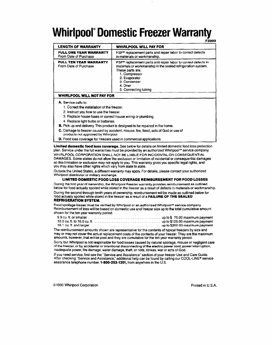 Whirlpoor domestic freezer warranty | Whirlpool EV190N User Manual | Page 12 / 12