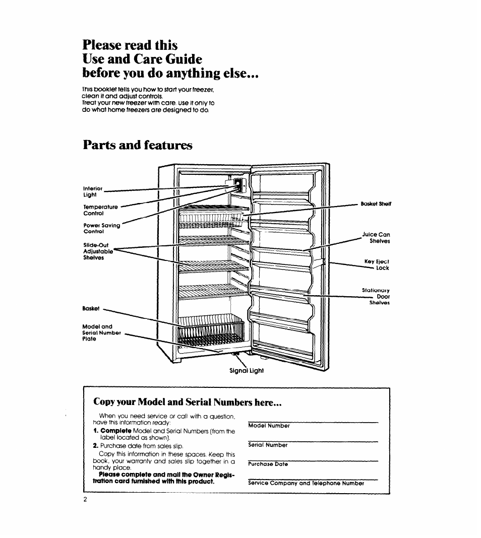 Please read this, Use and care guide, Before you do anything else | Copy your model and serial numbers here | Whirlpool EV190N User Manual | Page 2 / 12