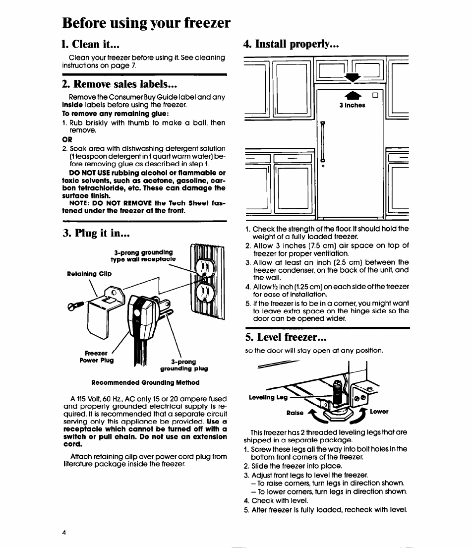 Clean it, Remove sales labels, Plug it in | Install properly, Level freezer, Before using your freezer | Whirlpool EV190N User Manual | Page 4 / 12