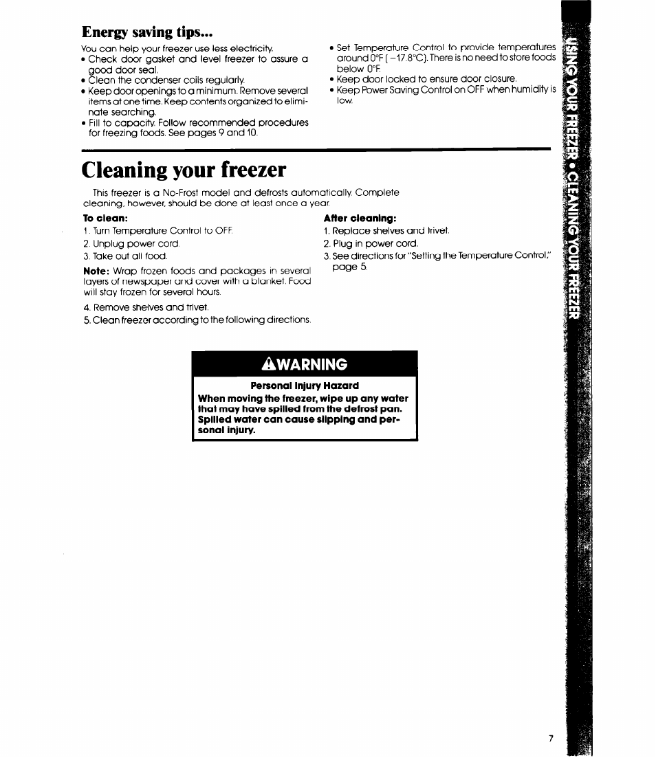 Energy saving tips, Cleaning your freezer, To clean | After cleaning, Warning | Whirlpool EV190N User Manual | Page 7 / 12