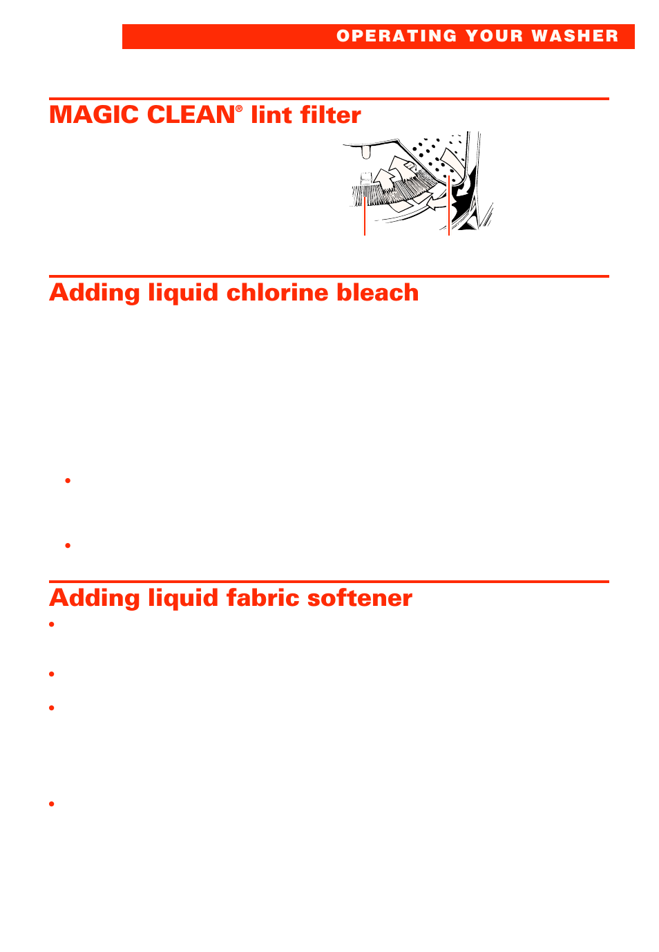 Magic clean lint filter, Adding liquid chlorine bleach, Adding liquid fabric softener | Magic clean, Lint filter | Whirlpool 3363573 User Manual | Page 11 / 24