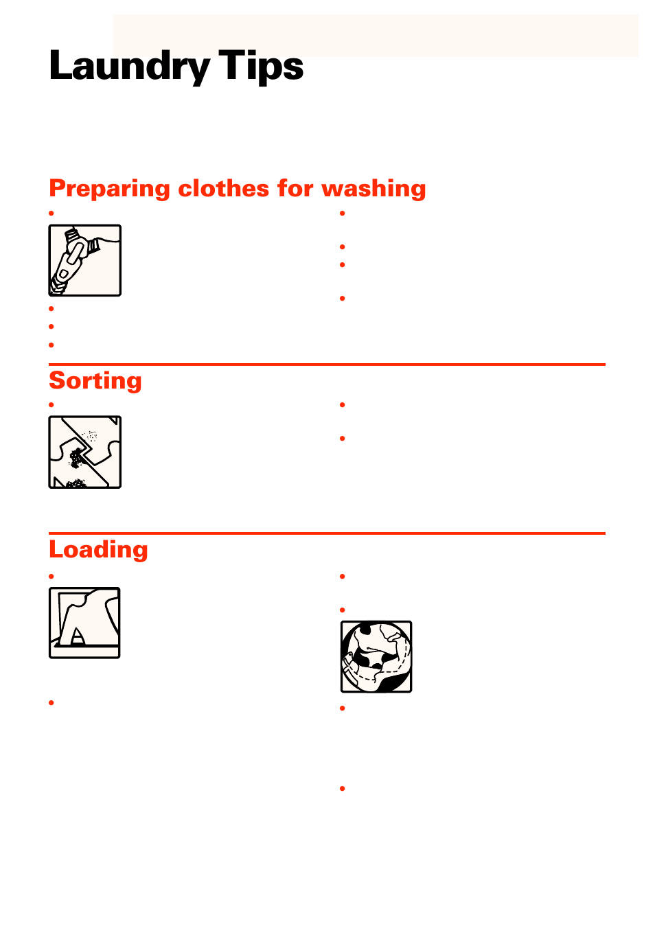 Laundry tips, Preparing clothes for washing, Sorting/loading | Sorting, Loading | Whirlpool 3363573 User Manual | Page 13 / 24