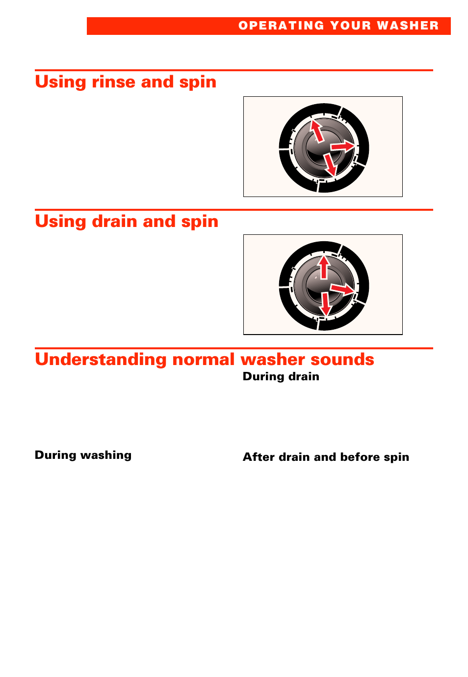 Using rinse and spin, Using drain and spin, Understanding normal washer sounds | During washing, During drain, After drain and before spin | Whirlpool 3363573 User Manual | Page 9 / 24