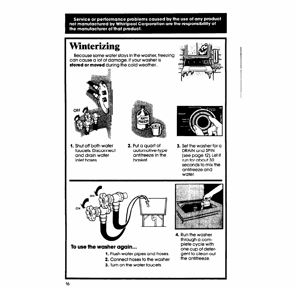 Lnterizing, To use the washer again | Whirlpool LA77O0XS User Manual | Page 16 / 20