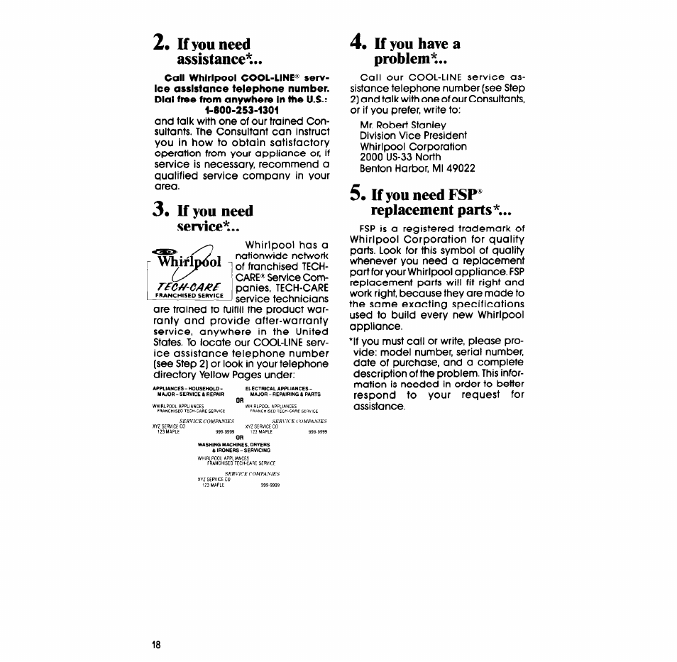 2« ff you need assistance, 3« if you need, Service | If you have a problem, If you need fsp® replacement parts, If you need service’ wwfip^l | Whirlpool LA77O0XS User Manual | Page 18 / 20