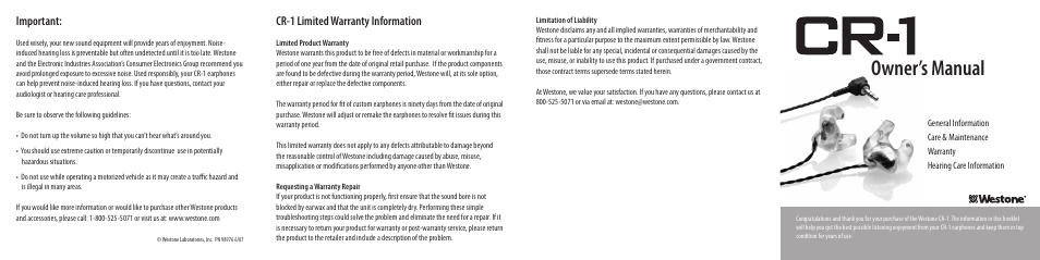 Westone Laboratories CR-1 User Manual | 2 pages