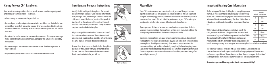 Important hearing care information, Insertion and removal instructions, Caring for your cr-1 earphones | Westone Laboratories CR-1 User Manual | Page 2 / 2