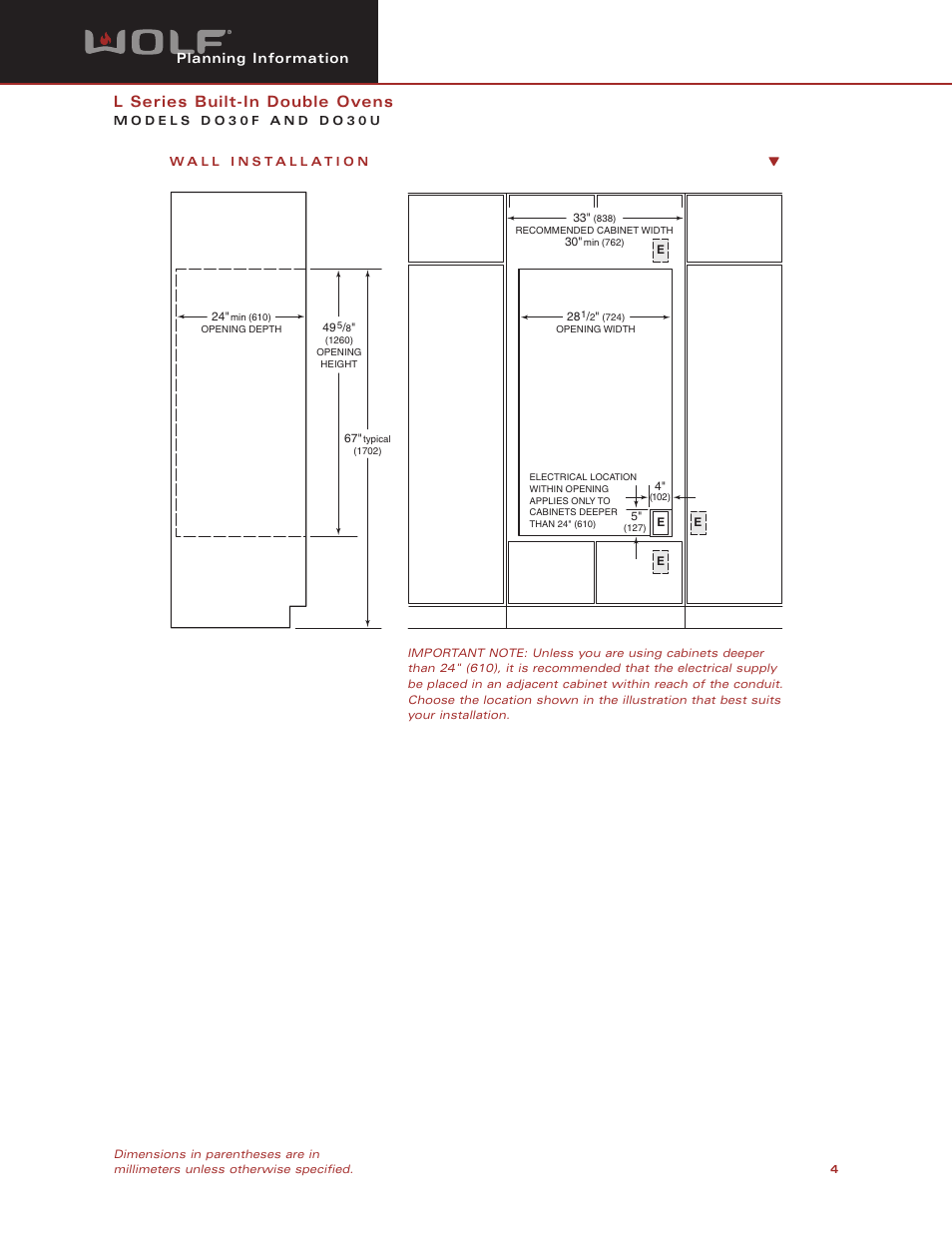 L series built-in double ovens, Planning information | Wolf DO30F User Manual | Page 4 / 5