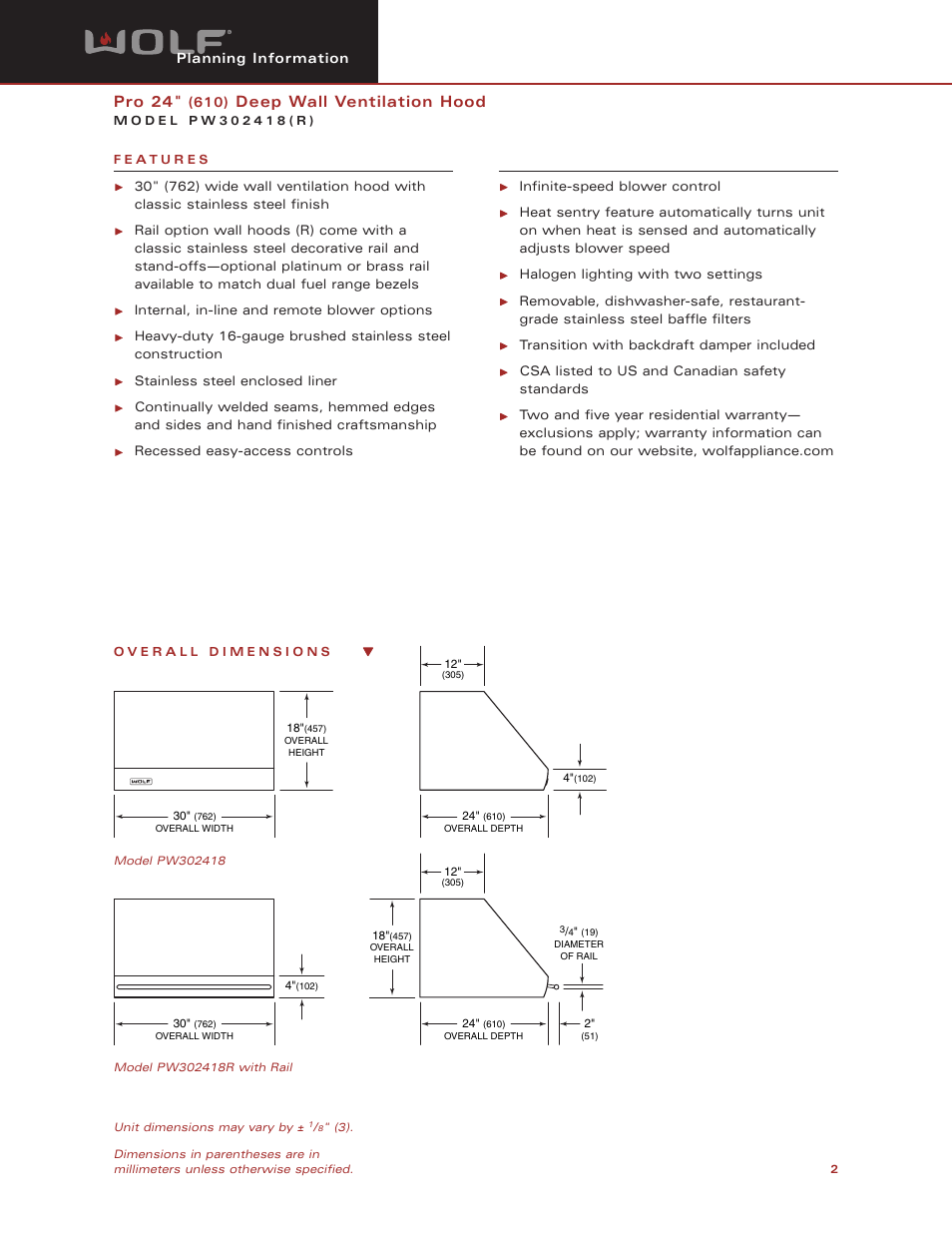 Pro 24, Deep wall ventilation hood | Wolf PW302418R User Manual | Page 2 / 8