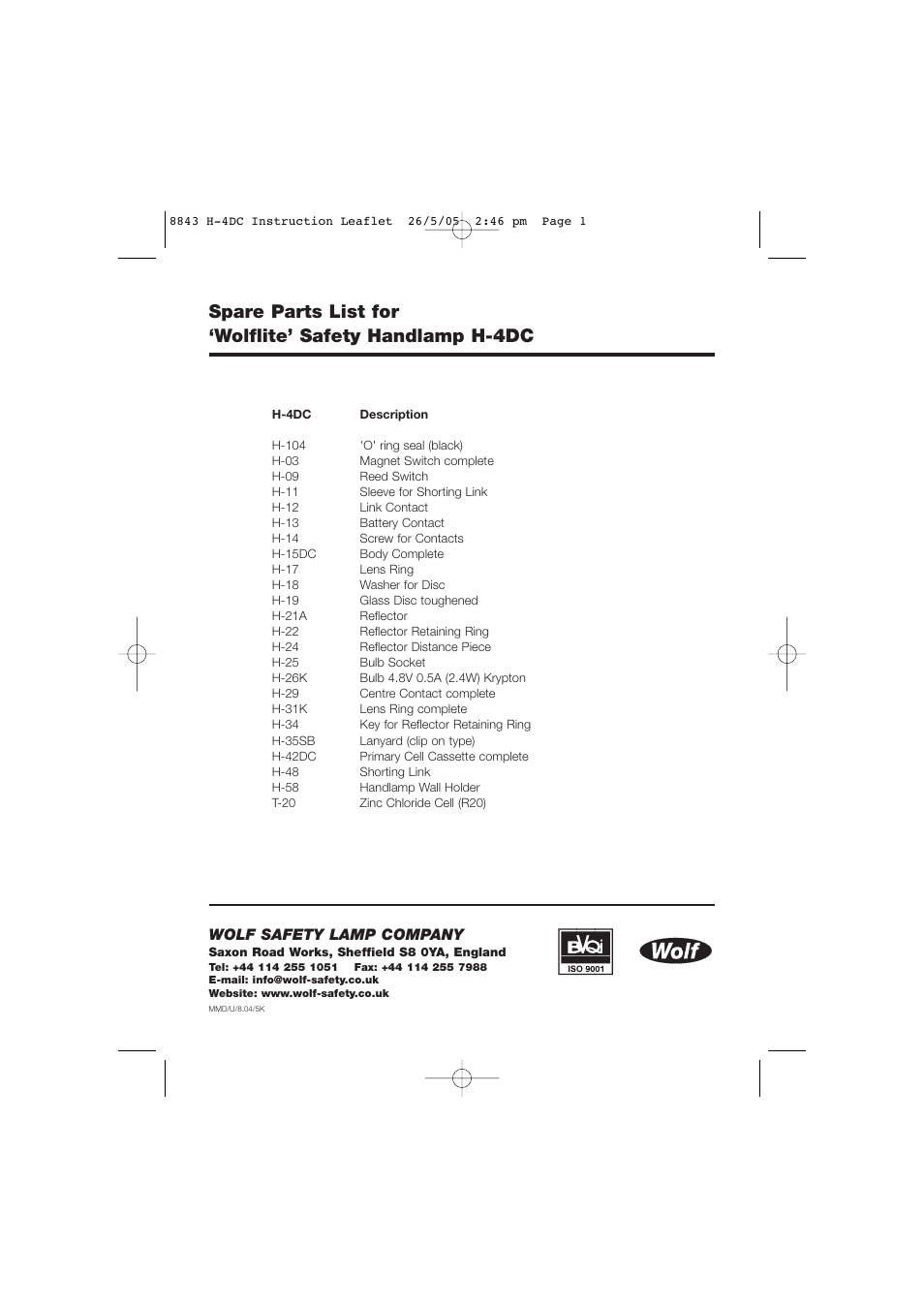 Wolf safety lamp company | Wolf H-4DC User Manual | Page 4 / 4