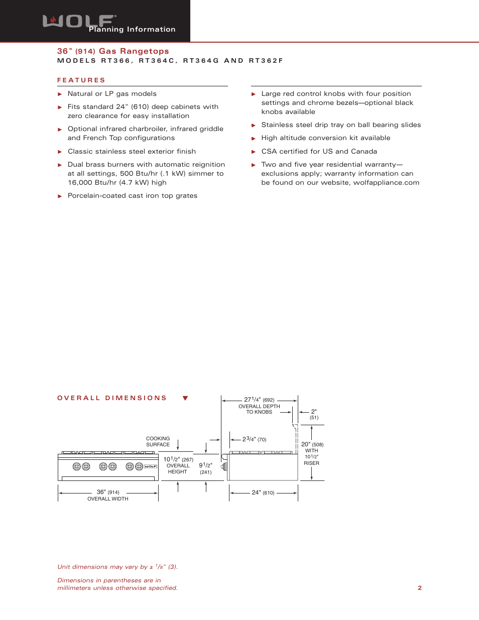 Gas rangetops | Wolf RT364C User Manual | Page 2 / 5