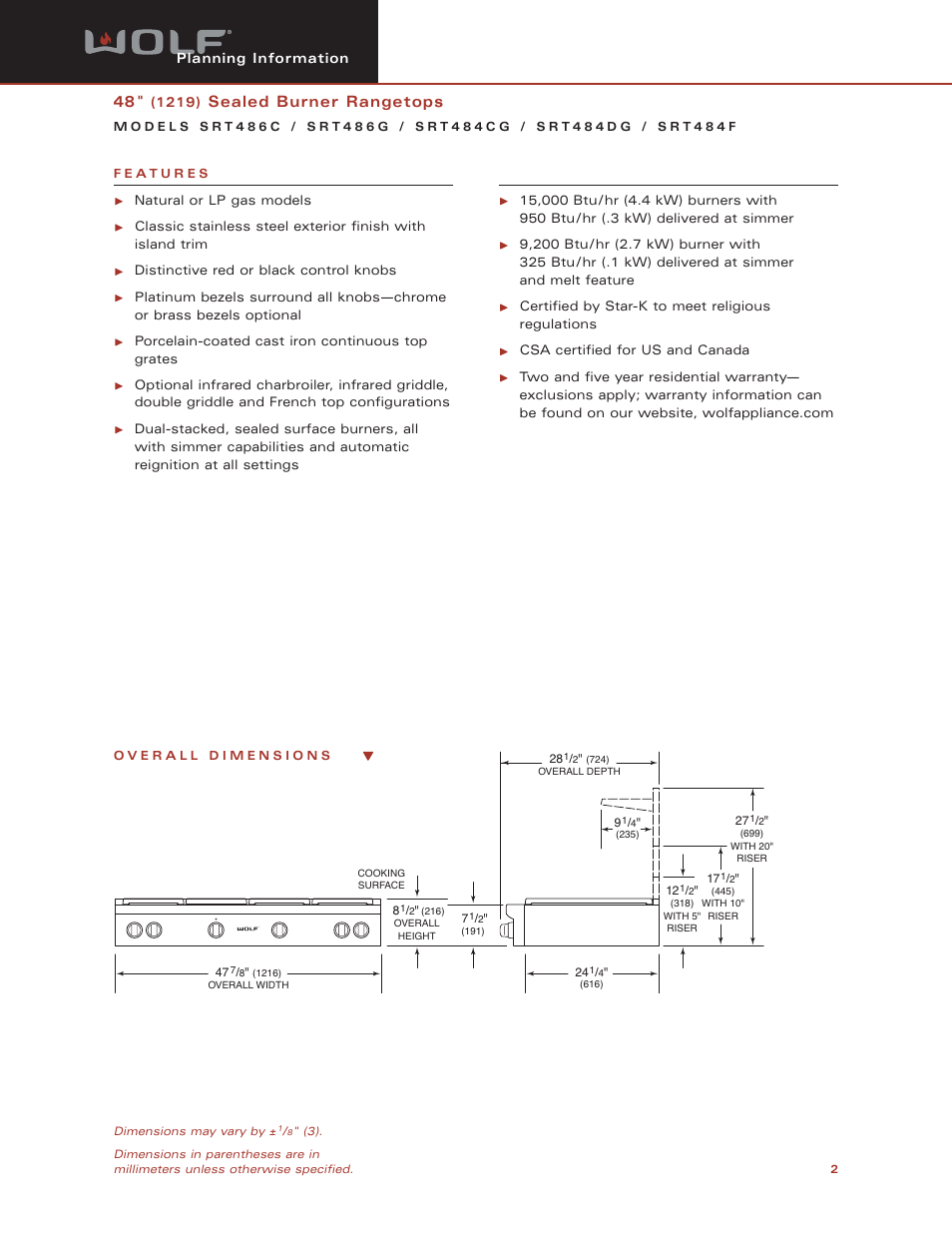 Sealed burner rangetops | Wolf SRT486C User Manual | Page 2 / 5