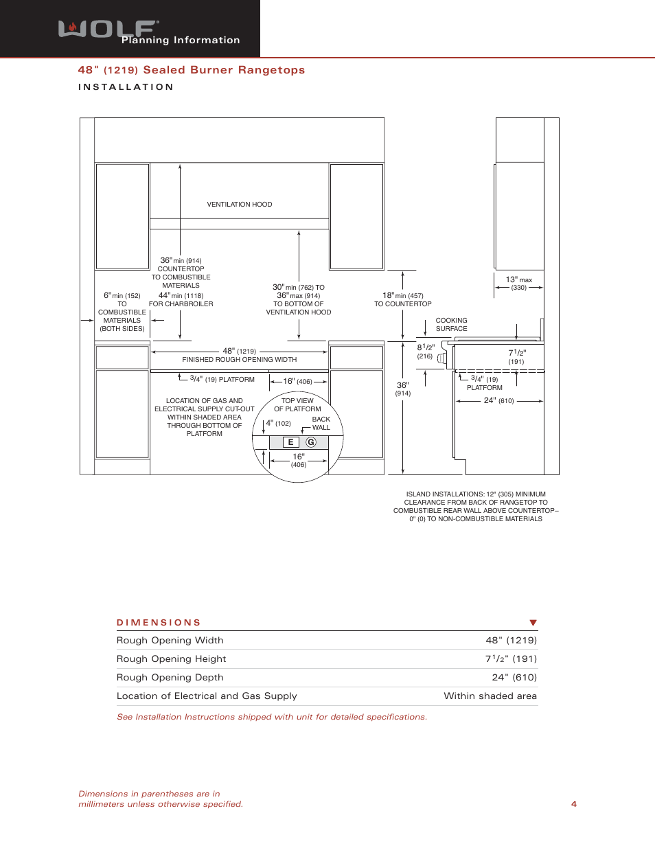Sealed burner rangetops, Planning information | Wolf SRT486C User Manual | Page 4 / 5