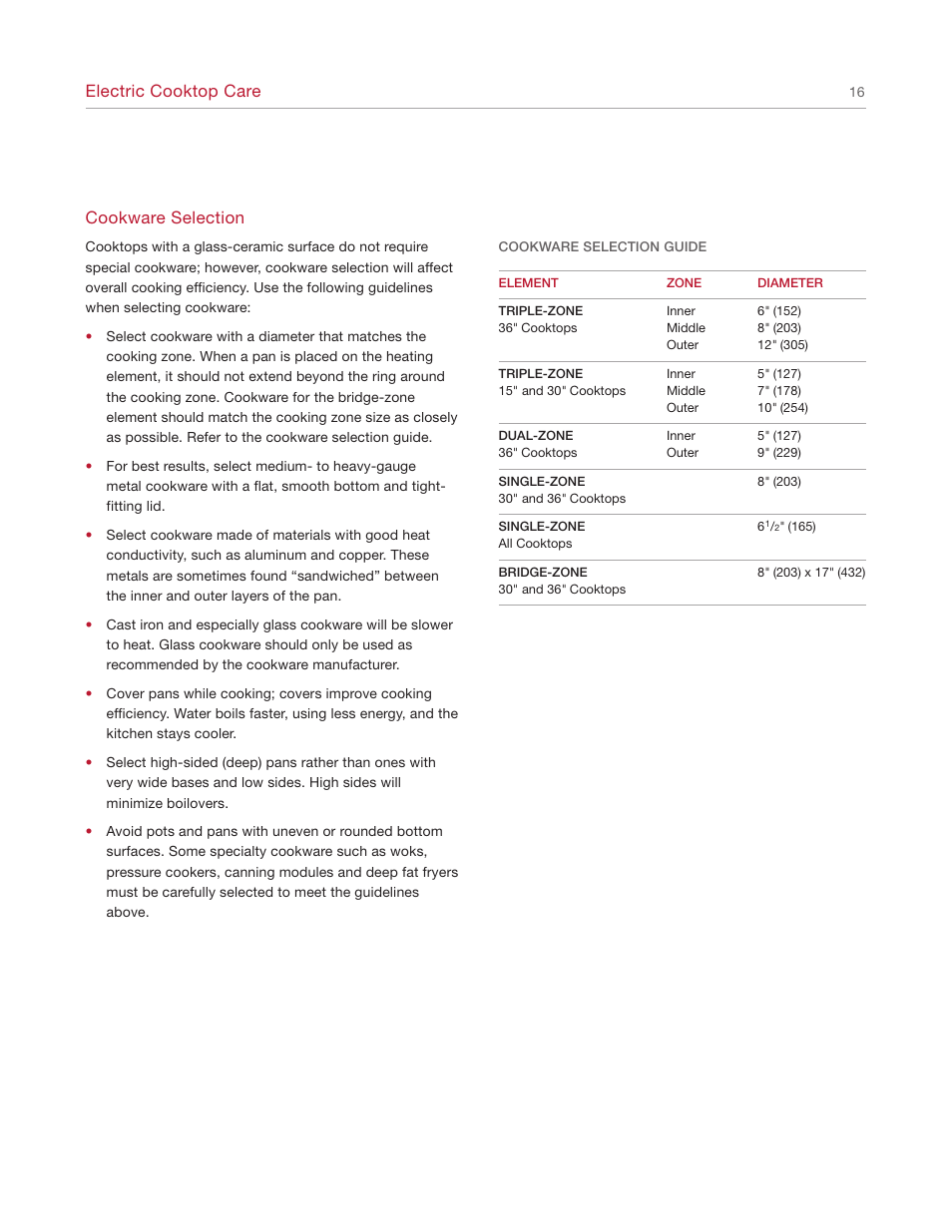 Electric cooktop care, Cookware selection | Wolf Cooktop User Manual | Page 16 / 20