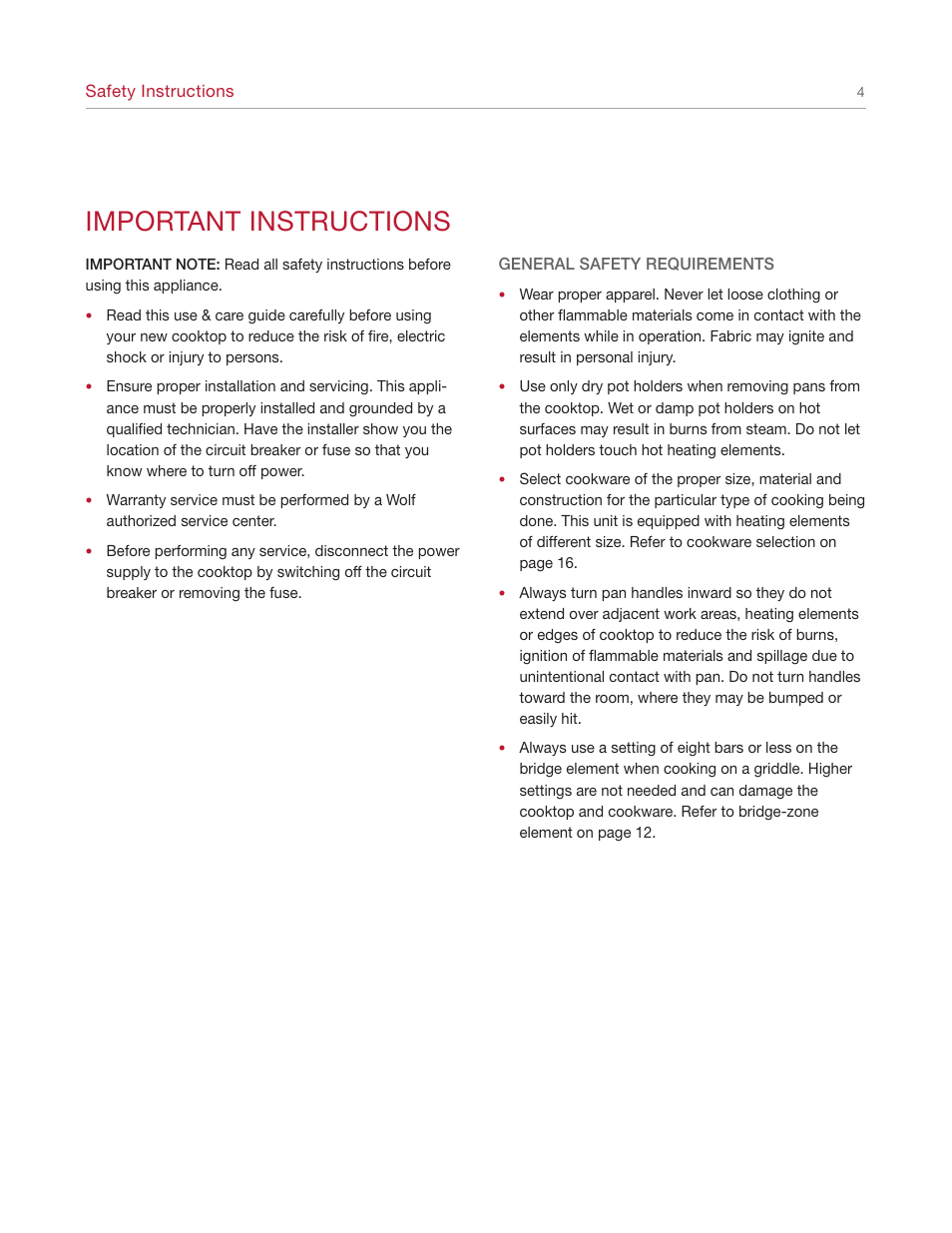 Important instructions | Wolf Cooktop User Manual | Page 4 / 20