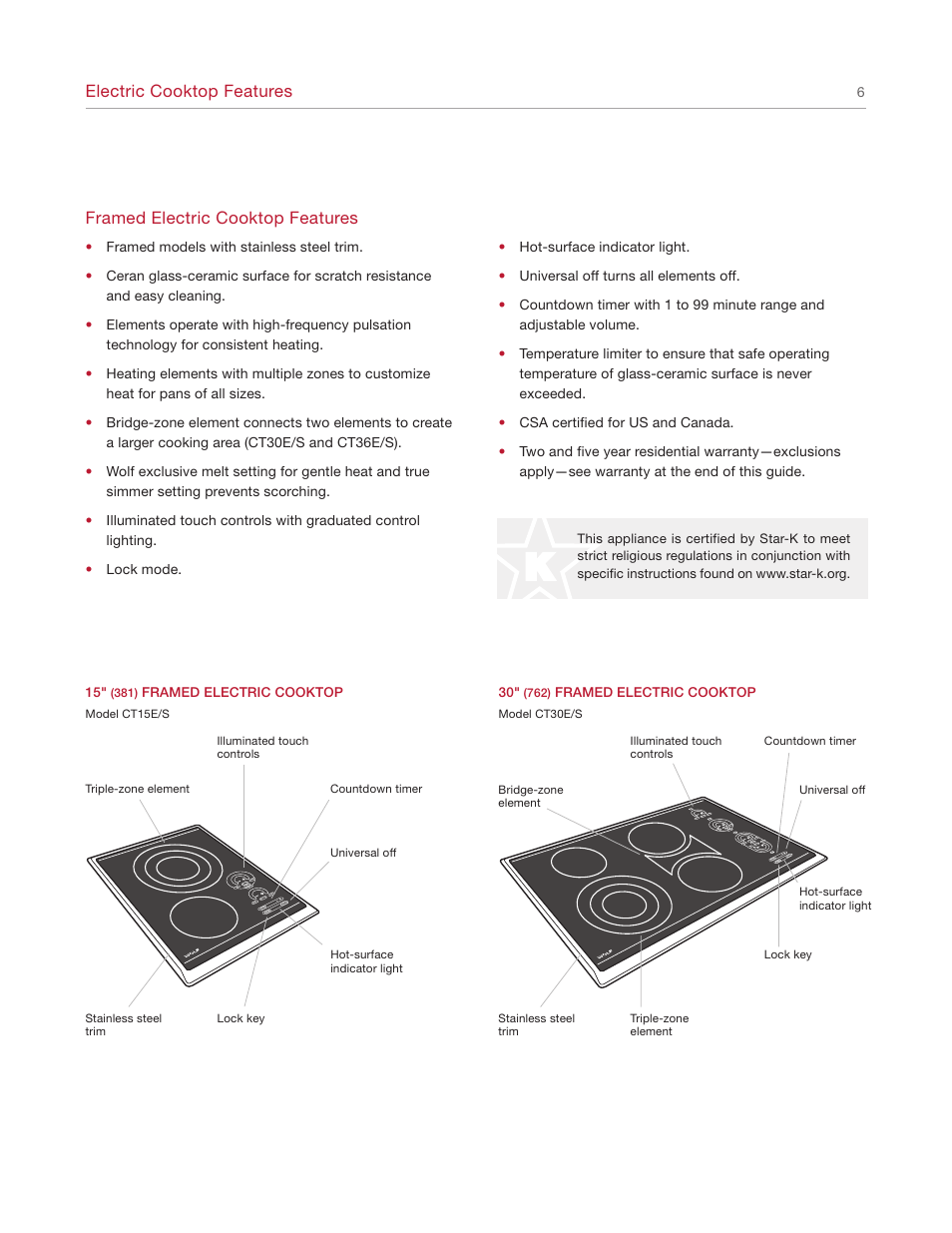 Electric cooktop features, Framed electric cooktop features | Wolf Cooktop User Manual | Page 6 / 20