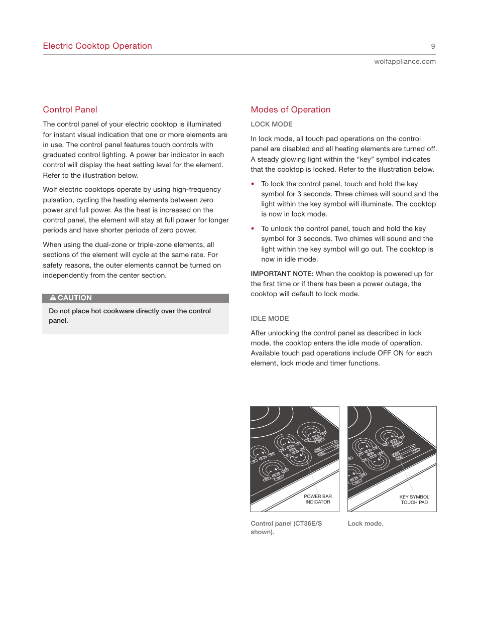 Electric cooktop operation, Modes of operation, Control panel | Lock mode, Idle mode, Control panel (ct36e/s shown). lock mode | Wolf Cooktop User Manual | Page 9 / 20