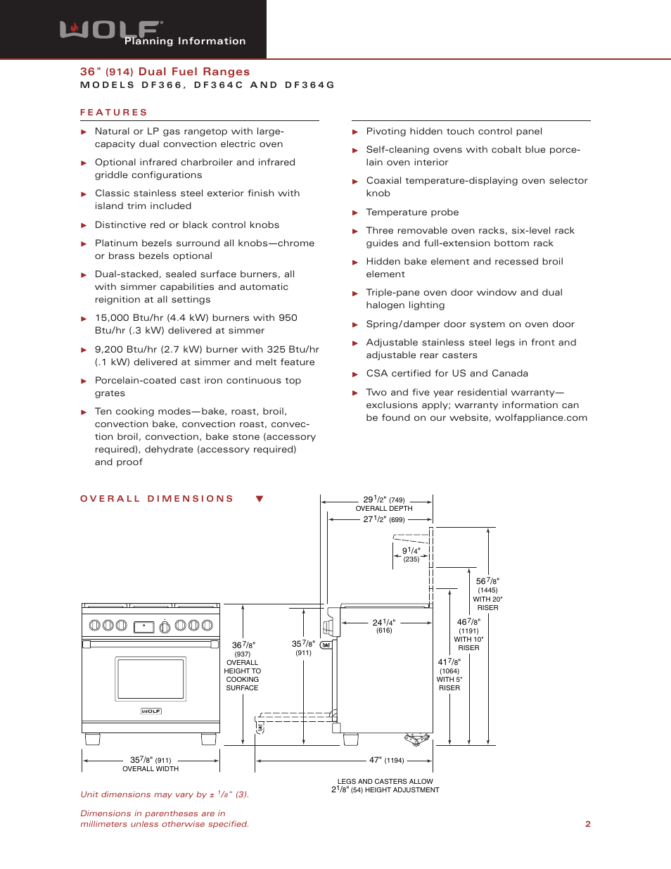 Dual fuel ranges | Wolf DF366 User Manual | Page 2 / 5