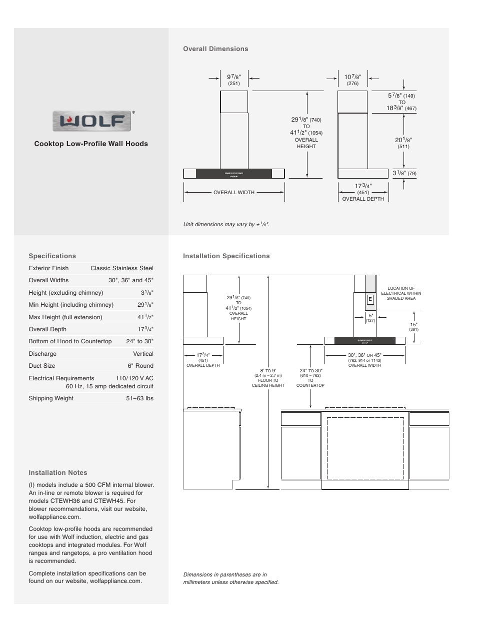 Cooktop low-profile wall hoods | Wolf CTEWH36 User Manual | Page 2 / 2