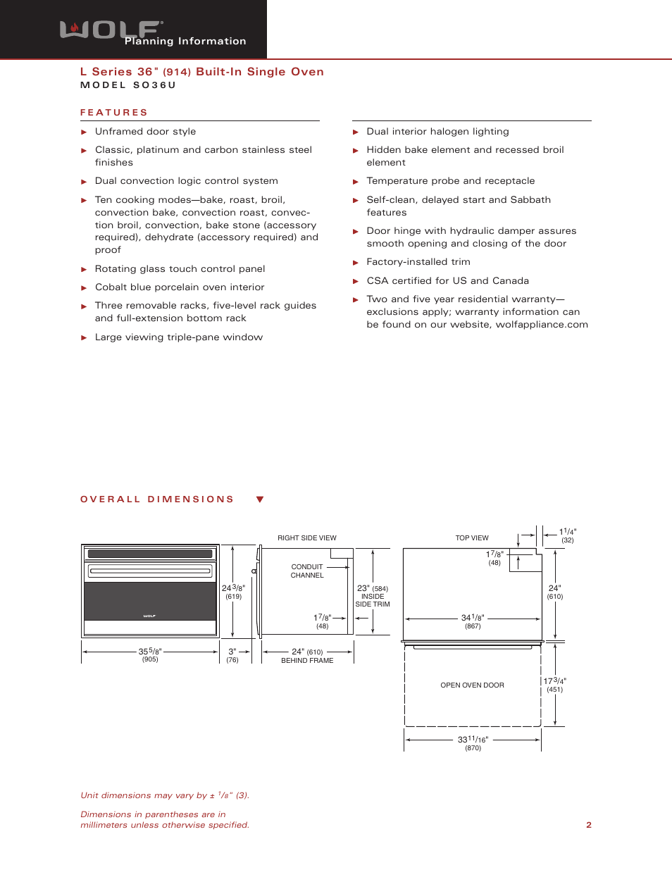 L series 36, Built-in single oven | Wolf SO36U User Manual | Page 2 / 6