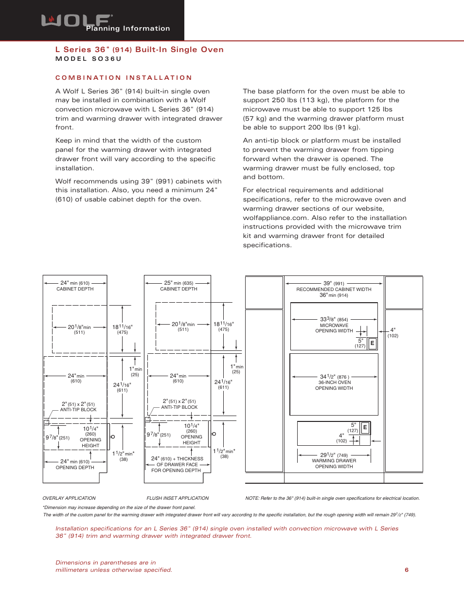 L series 36, Built-in single oven, Planning information | Wolf SO36U User Manual | Page 6 / 6