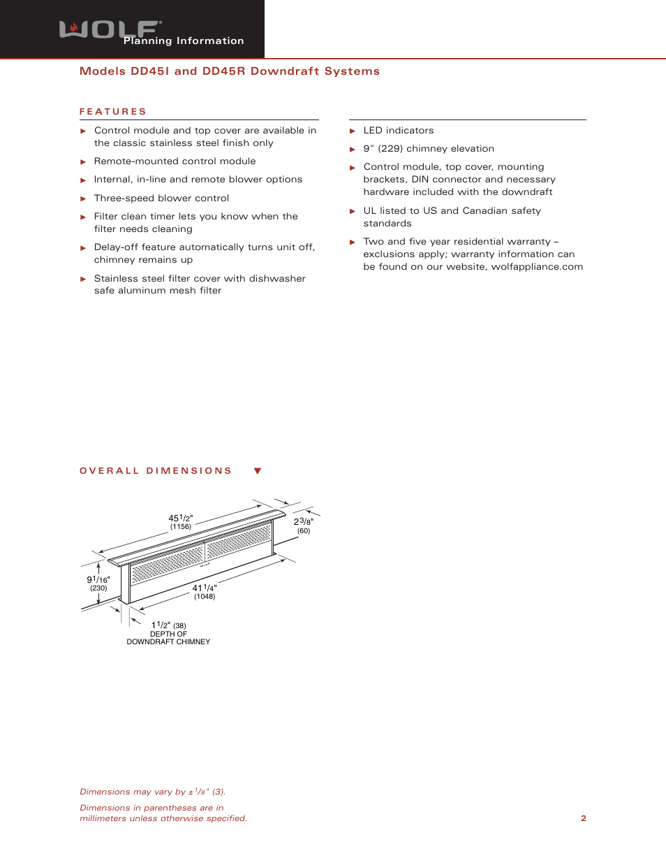 Models dd45 i and dd45 r downdraft systems | Wolf DD45R User Manual | Page 2 / 9