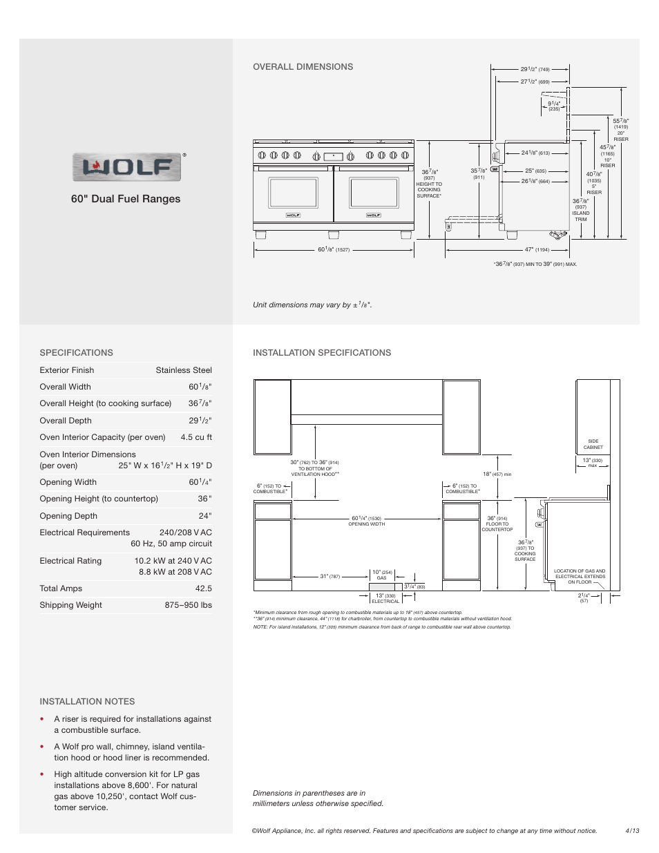 60" dual fuel ranges, Overall height (to cooking surface) 36, Overall depth 29 | H x 19" d opening width 60 | Wolf DF604GF User Manual | Page 2 / 2